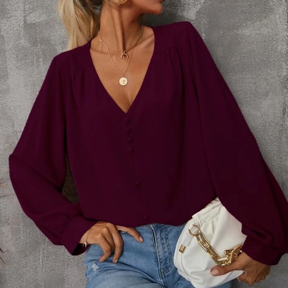 Boho dusty pink V neck button detail blouse - Picture 11 of 15